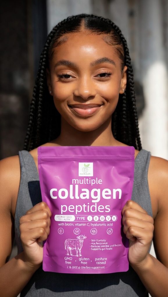 A young lady holding a collagen peptide bag